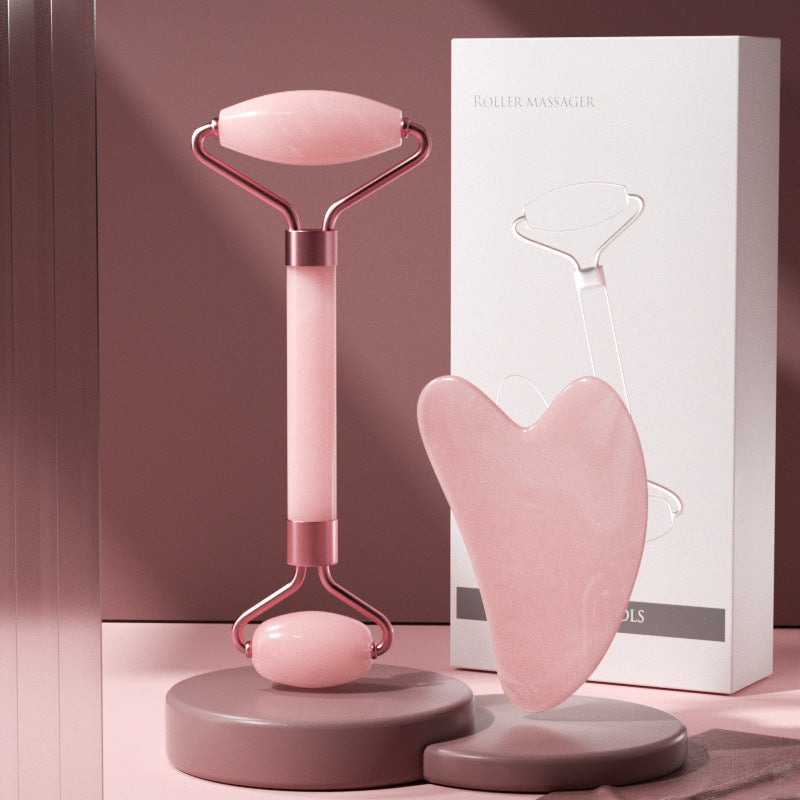 Rose Quartz Facial Roller and Gua Sha Glow Set